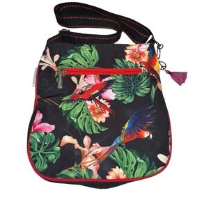 Caribbean Joe Black Crossbody  Bag PARROTS/PALMS Adjustable Thick Strap Colorful